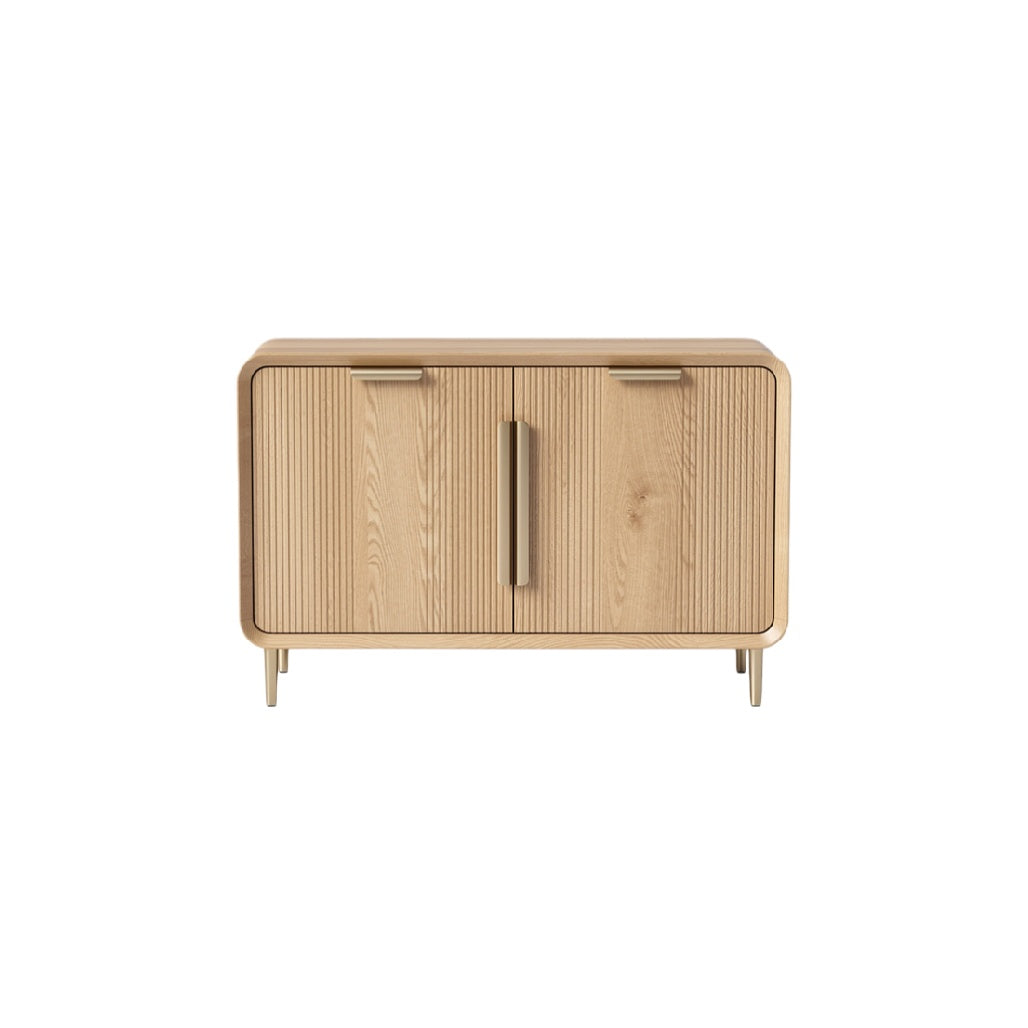 Modern Minimalist Wood Sideboard with Grooved Design and Metal Handles