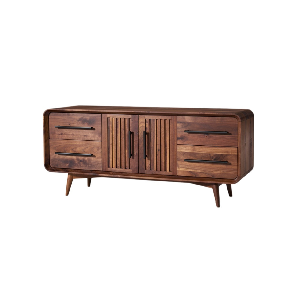 Mid-Century Modern Wooden TV Stand with Storage and Slatted Design